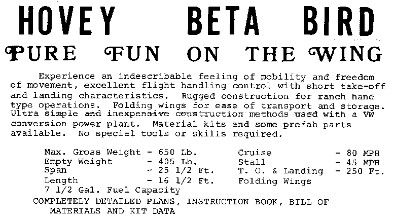 Hovey Beta Bird buy on buildandfly.shop aircraft plans and manuals