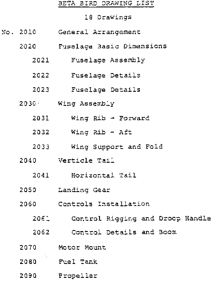 Hovey Beta Bird drawing list buy on buildandfly.shop aircraft plans and manuals